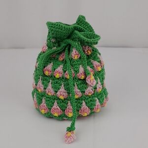 Pink Petal Green Crocheted Drawstring Pouch Bag